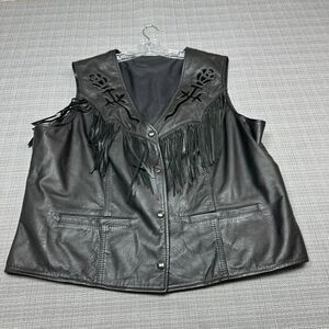 Vintage Leather Biker Vest Women XL + Custom Made Fringe Cutout Roses Extensions